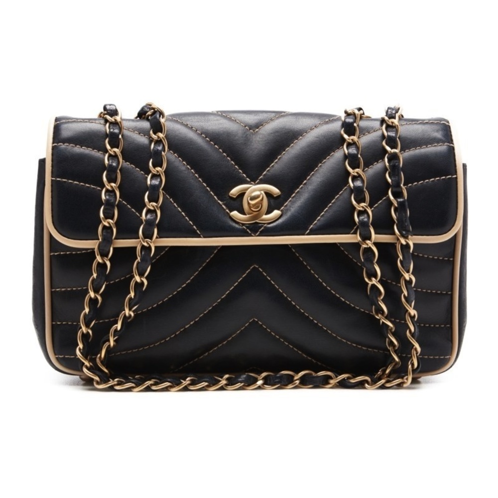 Chanel V Stitch Turn Single Flap Chain Lambskin Navy Ivory